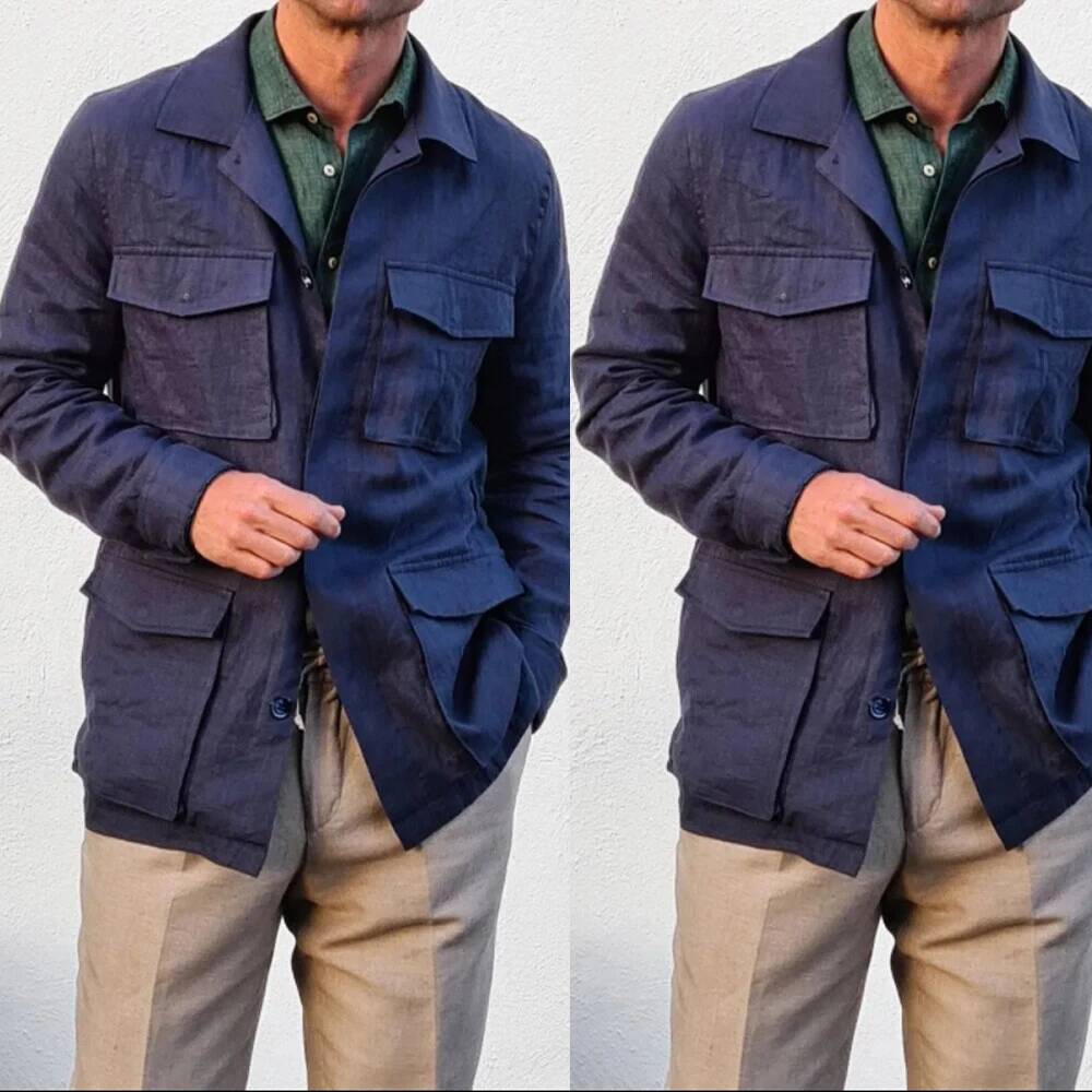 Safari Outdoor Hunting Jackets - เสื้อแจ็คเก็ตซาฟารีผ้าลินินวินเทจสีกรมท่าสำหรับผู้ชาย ชุดลำลองสำหรับกิจกรรมกลางแจ้ง กระดุมแถวเดียว น้ำหนักเบา ระบายอากาศได้ดี เหมาะสำหรับฤดูร้อน