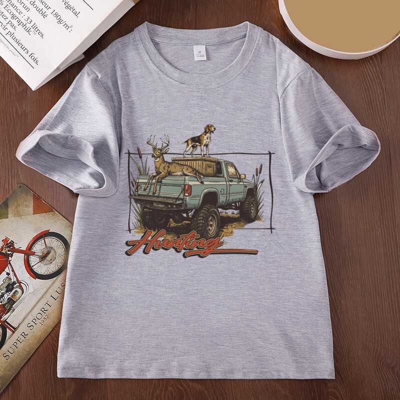 Hunting Dog Outdoor - เสื้อยืดลายล่าสัตว์ เสื้อยืดลายกวาง เสื้อยืดลายสุนัข เสื้อยืดผู้ชายสำหรับกิจกรรมกลางแจ้ง ผ้าฝ้าย แขนสั้น