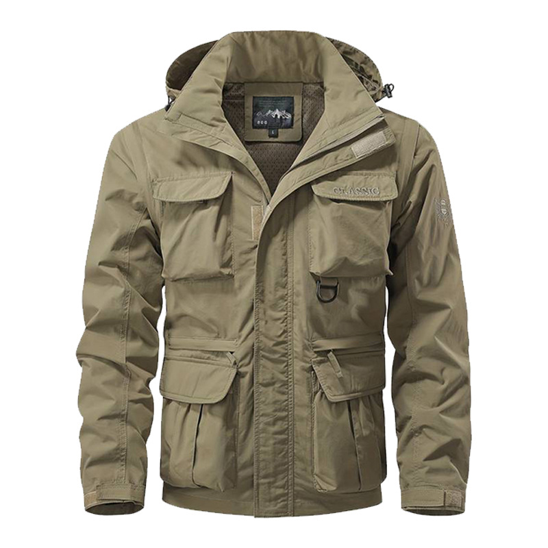 Safari Outdoor Hunting Jackets - เสื้อแจ็คเก็ตแบบถอดแขนได้ มีฮู้ดกันลม สำหรับผู้ชาย เสื้อแจ็คเก็ตทหารยุทธวิธีกลางแจ้ง มีกระเป๋าหลายช่อง กันน้ำ
